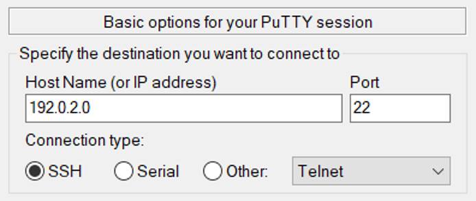 Destination details Screenshot of the destination server details form on PuTTY