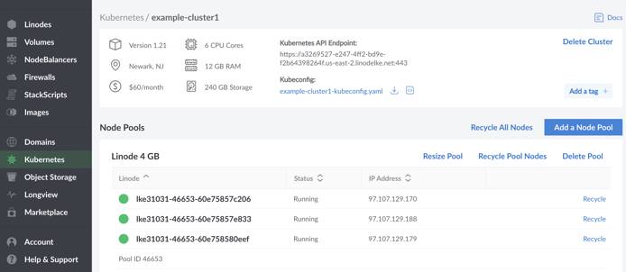 Kubernetes cluster's details page. Kubernetes cluster’s details page