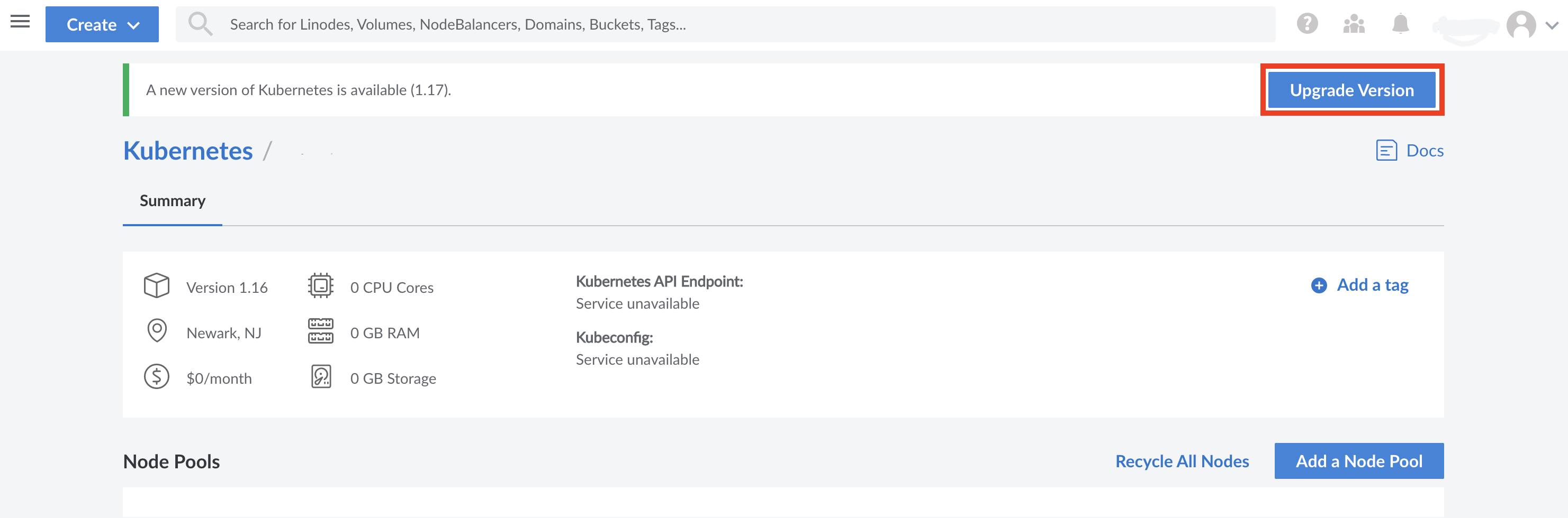 Kubernetes upgrade banner page. Kubernetes upgrade banner