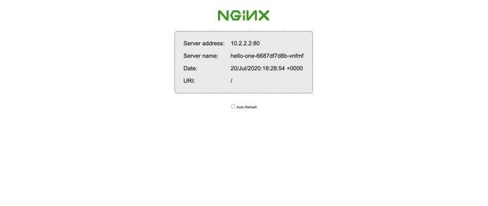 The NGINX demo page loads with information about the Pod being used to serve your request The NGINX demo page loads with information about the Pod being used to serve your request