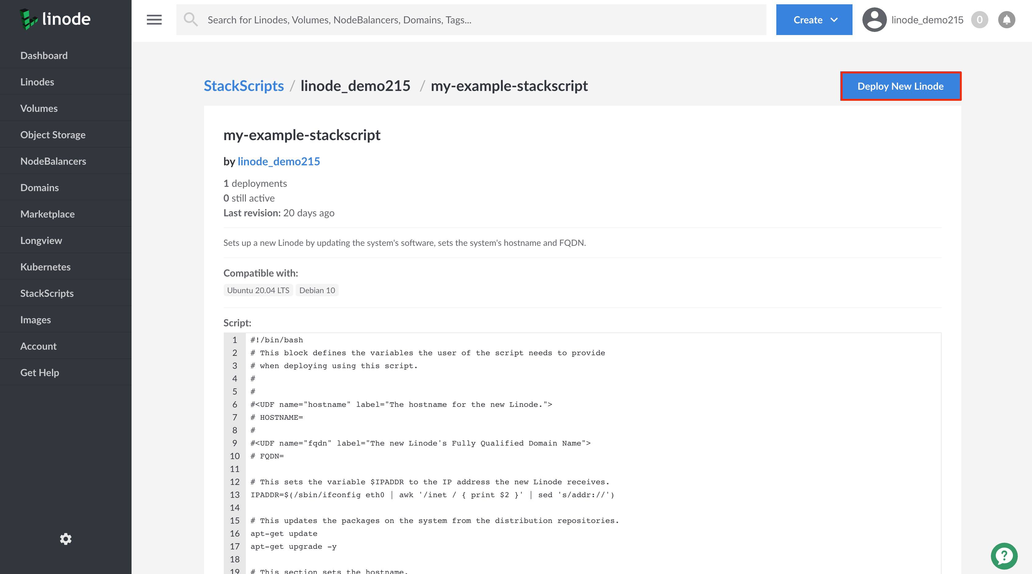 Deploy a new Linode from your Account StackScript. Deploy a new Linode from your Account StackScript.