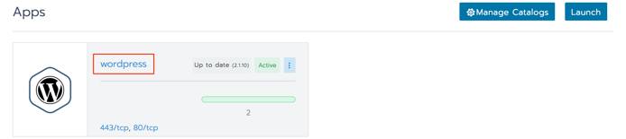 Rancher deployed apps list - WordPress app completed provisioning Rancher deployed apps list - WordPress app completed provisioning