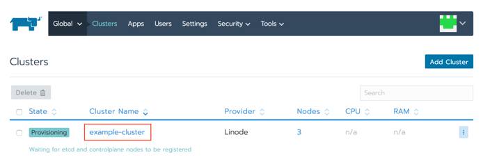 New cluster listed in global home page, cluster name highlighted Rancher home page - new cluster highlighted