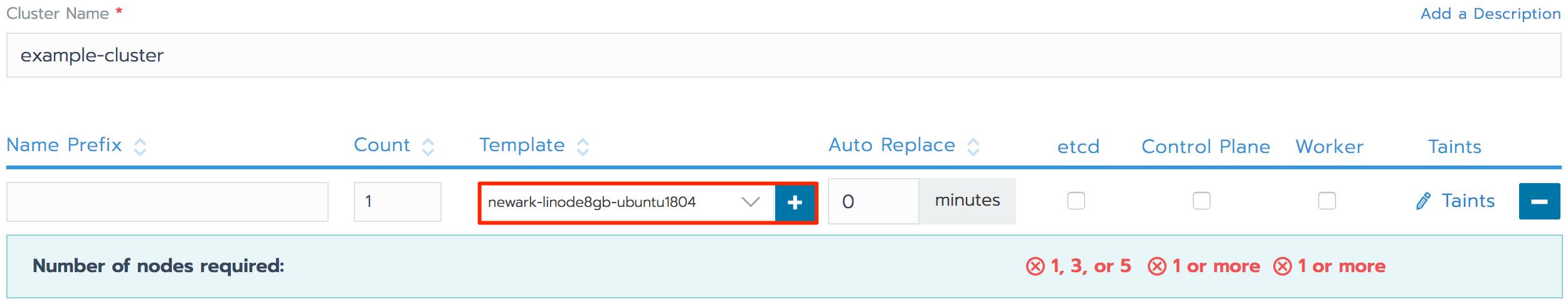 Linode node driver selected in the Add Cluster form Rancher Add Cluster form - Add Node Template button highlighted