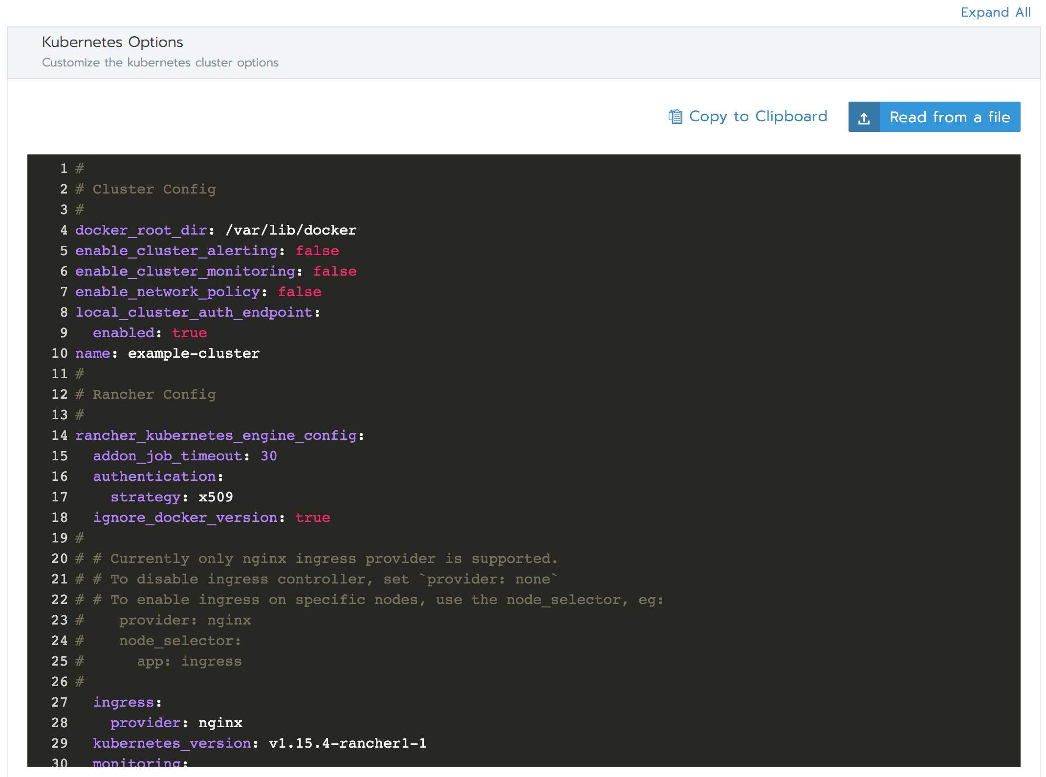YAML editor for the Add Cluster form Rancher Add Cluster form - YAML editor