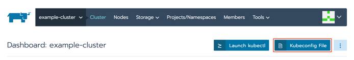 Rancher cluster dashboard - kubeconfig button highlighted Rancher cluster dashboard - kubeconfig button highlighted