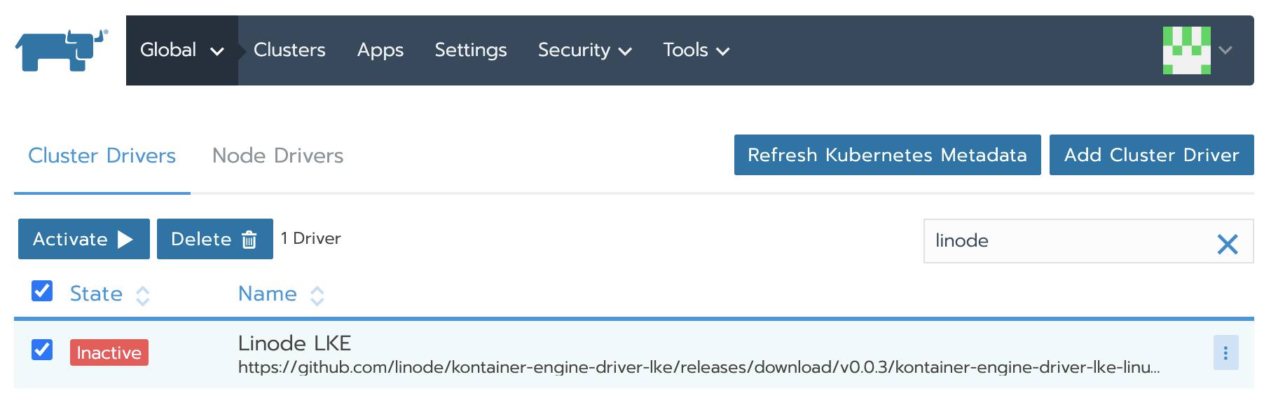 Activate the Linode Cluster Driver cluster-driver-activate