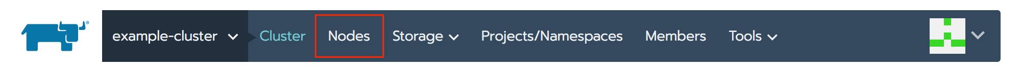 Rancher cluster navigation bar - Nodes highlighted Rancher cluster navigation bar - Nodes highlighted
