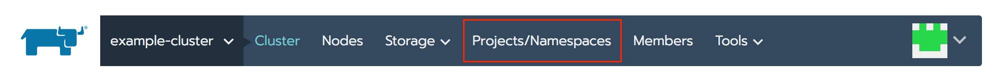 Rancher cluster navigation bar - Projects/Namespaces highlighted Rancher cluster navigation bar - Projects/Namespaces highlighted
