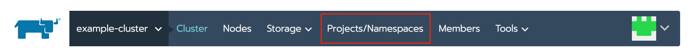 Rancher cluster navigation bar - Projects/Namespaces highlighted Rancher cluster navigation bar - Projects/Namespaces highlighted