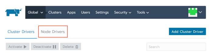 Click on the Node Drivers tab Rancher Node Drivers tab highlighted