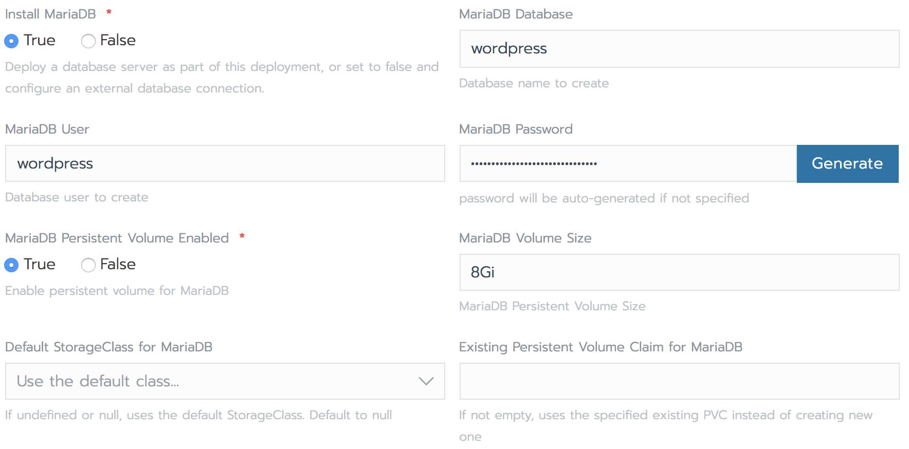 Rancher WordPress setup form - Database Settings Rancher WordPress form - Database Settings