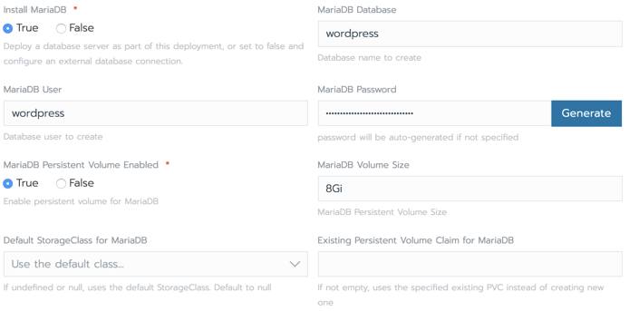 Rancher WordPress setup form - Database Settings Rancher WordPress form - Database Settings