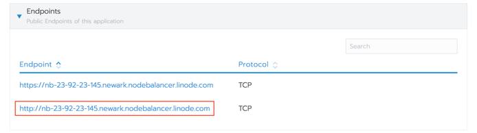 Rancher app detail view - NodeBalancer HTTP endpoint highlighted Rancher app detail view - NodeBalancer HTTP endpoint highlighted