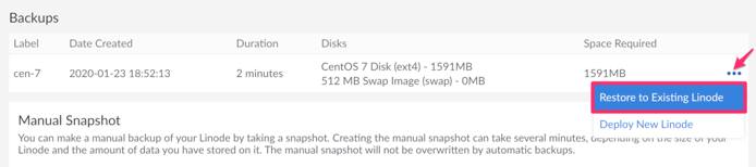 Restore Backup to Existing Linode Restore Backup to Existing Linode