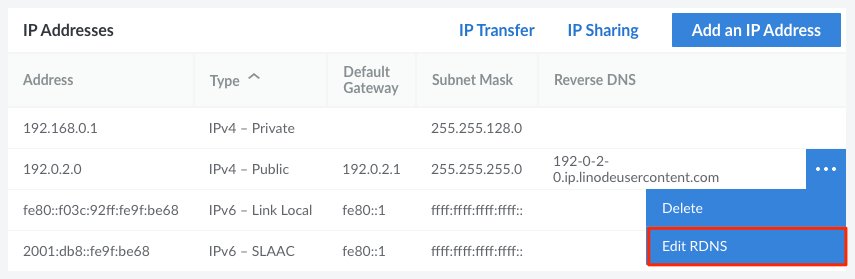 Select ‘Edit RDNS’ option from the IP address menu.