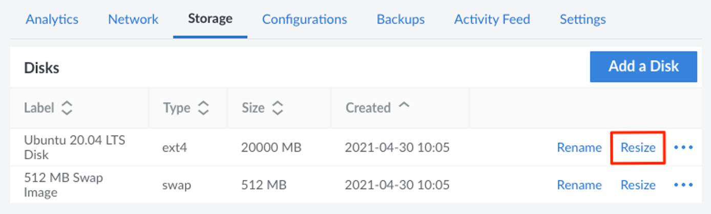 Screenshot of a Linode Details page with the Resize disk button highlighted Screenshot of a Linode Details page with the Resize disk button highlighted