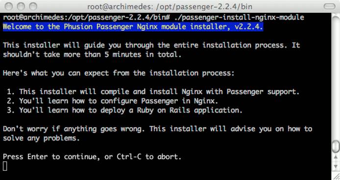 Phusion Passenger nginx installer program running on Ubuntu 9.10 (Karmic). Phusion Passenger nginx installer program running on Ubuntu 9.10 (Karmic).