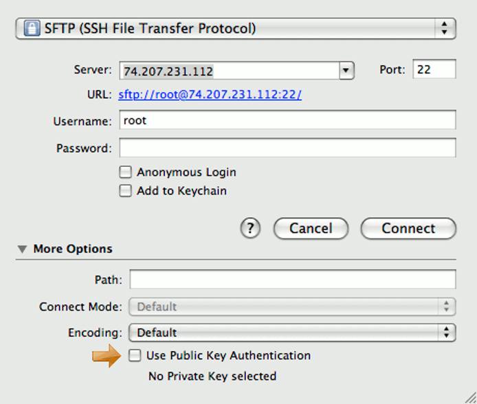 Additional connection options in Cyberduck on Mac OS X. Additional connection options in Cyberduck on Mac OS X.