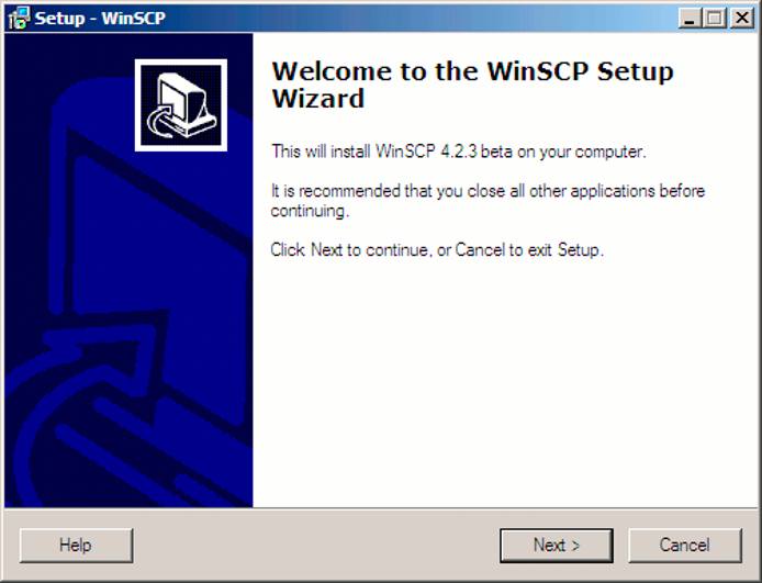 WinSCP setup wizard welcome screen. WinSCP setup wizard welcome screen.