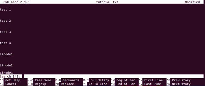 Opening the search functionality of nano. search option in the file