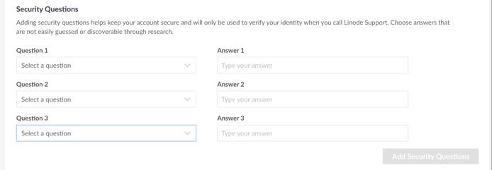 Screenshot of the Security Questions in Cloud Manager Screenshot of the Security Questions in Cloud Manager
