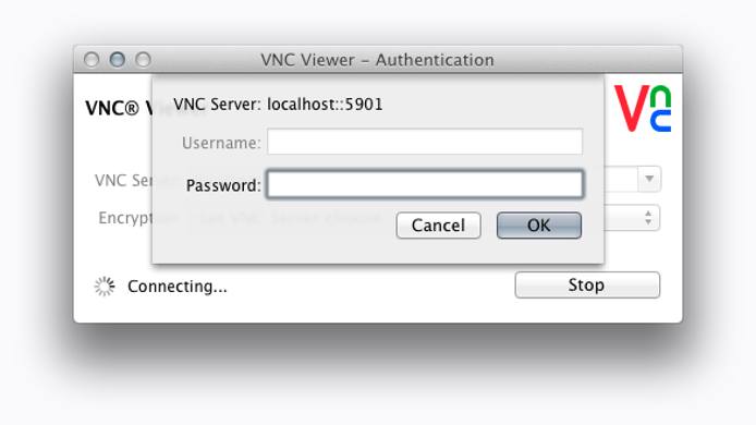 The VNC password prompt. The VNC password prompt.