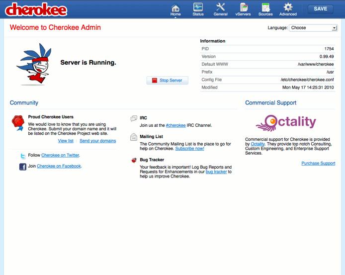 The cherokee-admin web server administration interface running on a Fedora 13 Linode. The cherokee-admin web server administration interface running on a Fedora 13 Linode.