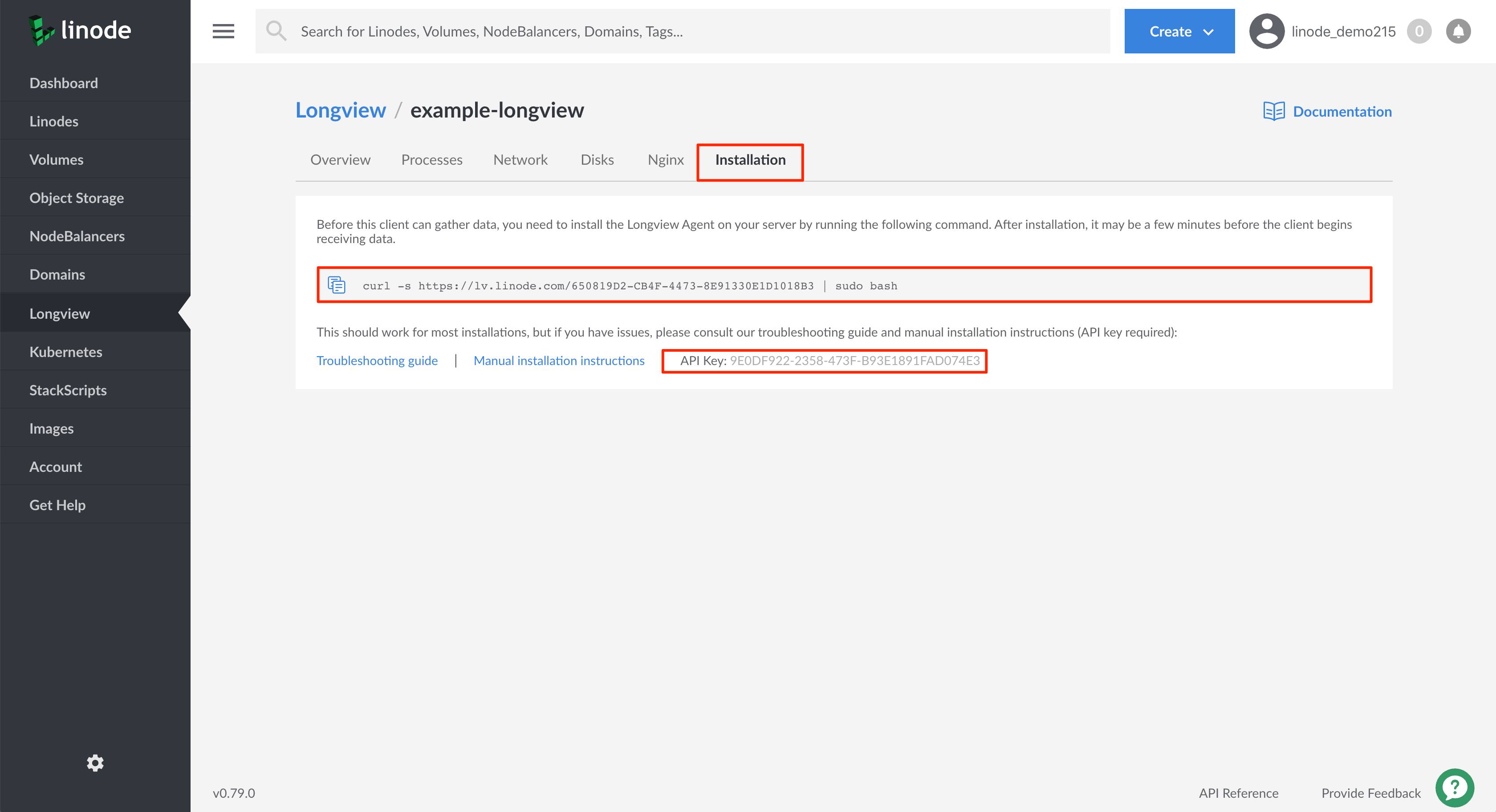 Longview's installation tab Longview’s installation tab