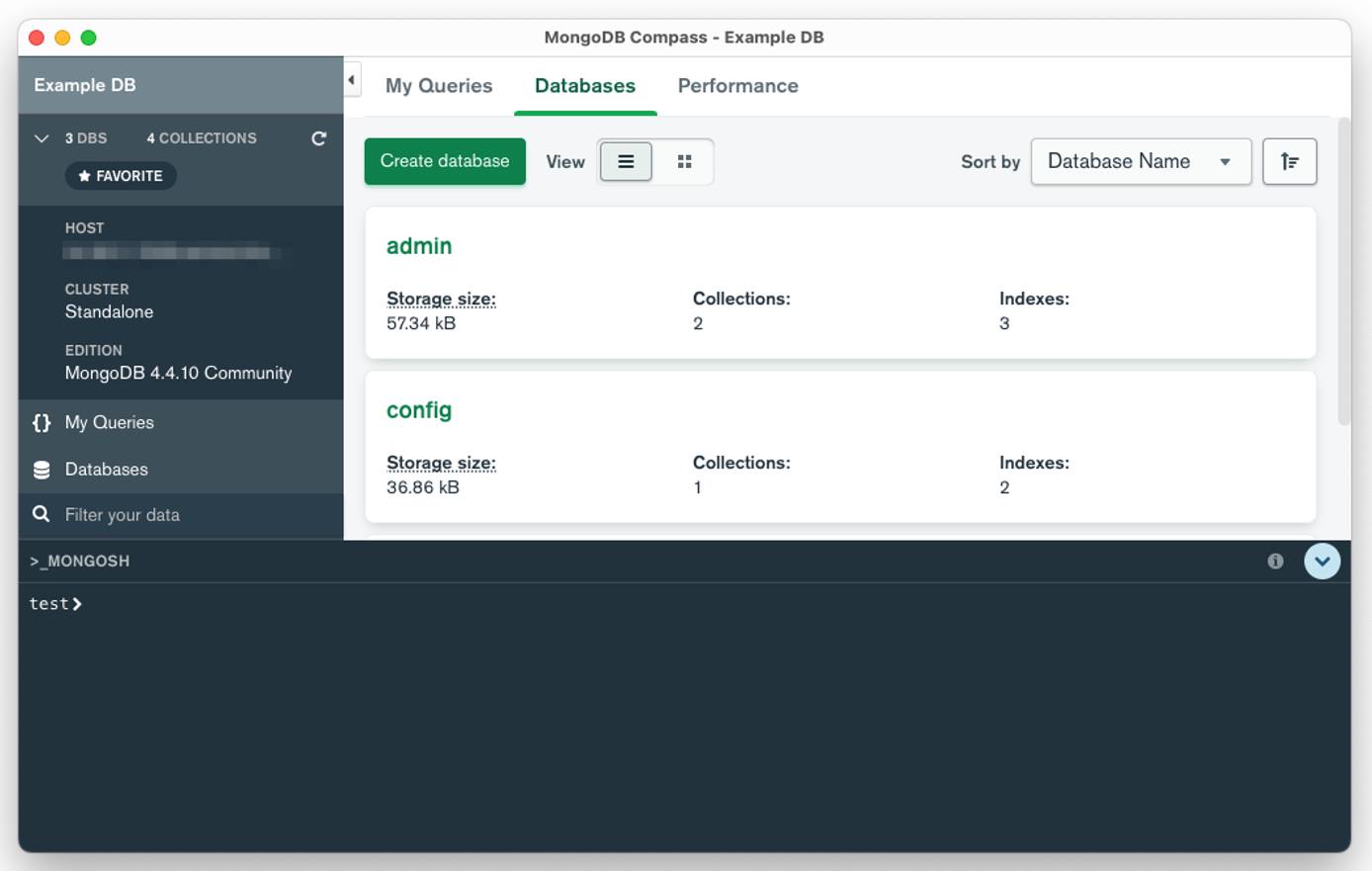 The main window in MongoDB Compass