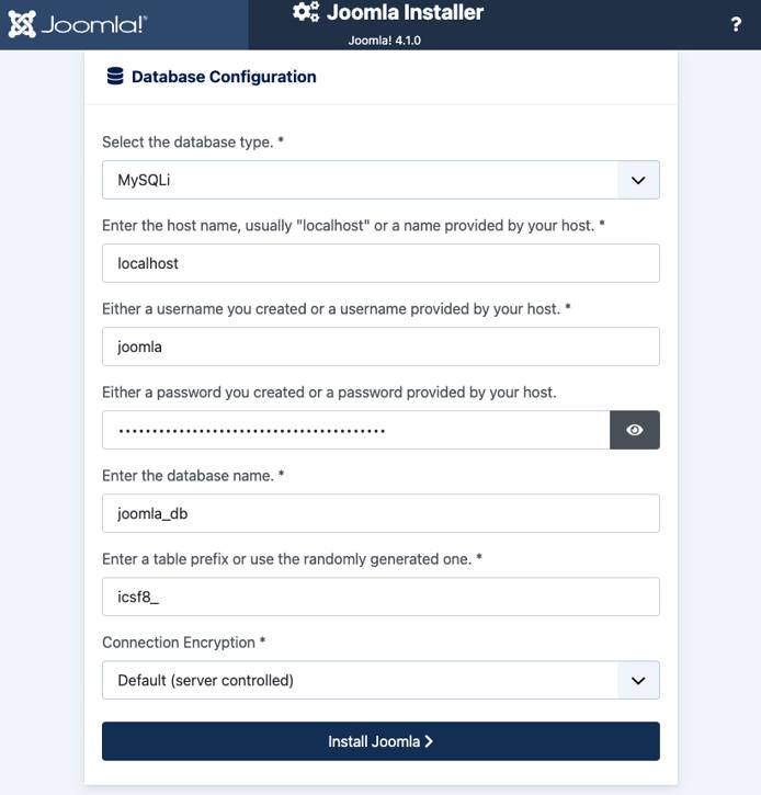 Screenshot of the Joomla Database Configuration prompt Screenshot of the Joomla Database Configuration prompt